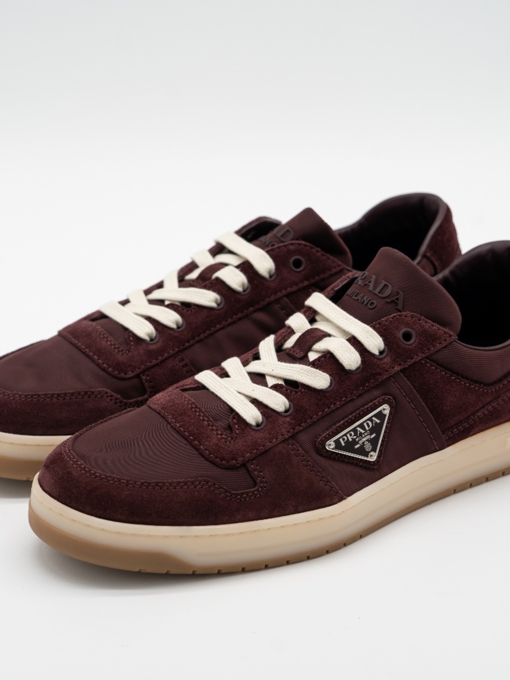 Prada Downtown Re-Nylon Suede Men's Sneakers Burgundy size 9uk 10 US